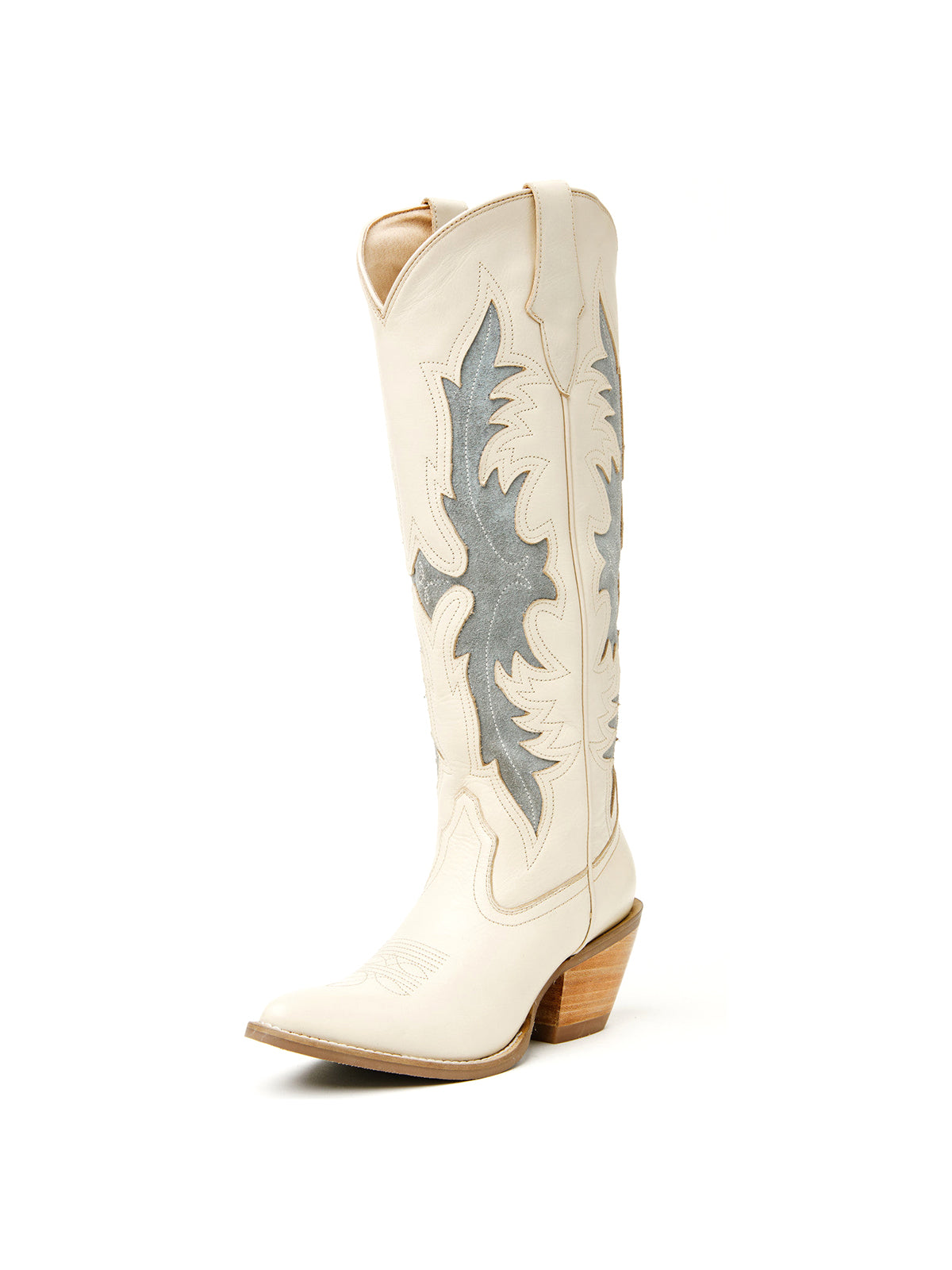 Ivory Almond-Toe Fire Inlay And Embroidery Wide Calf Knee High Cowgirl Boots