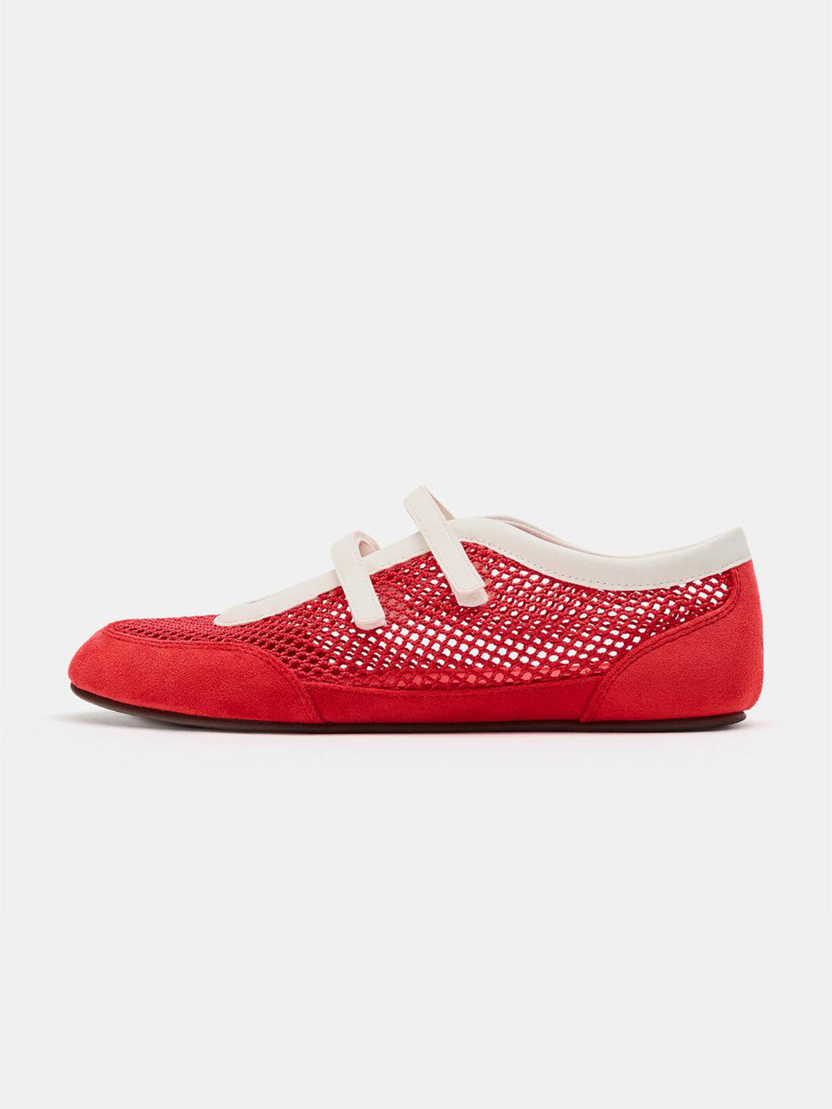 Red Mesh And Faux Suede Round-Toe Adhesive Strap Flats Sneakers