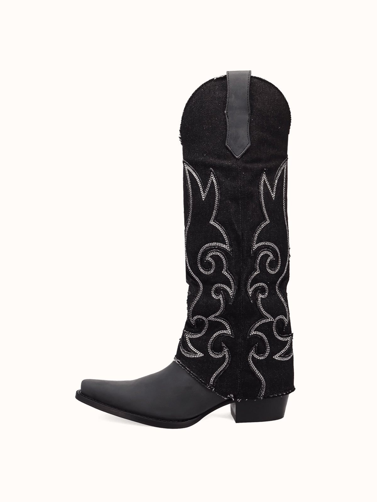 Black Denim And Vegan Leather Snip-Toe Embroidery Fold-Over Wide Calf Knee High Cowgirl Boots