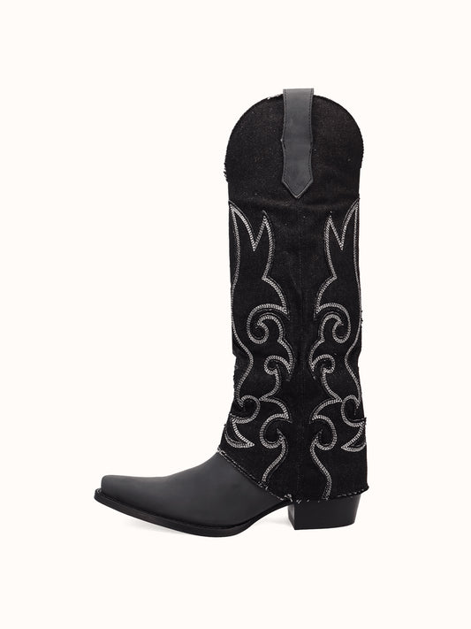 Black Denim And Vegan Leather Snip-Toe Embroidery Fold-Over Wide Calf Knee High Cowgirl Boots