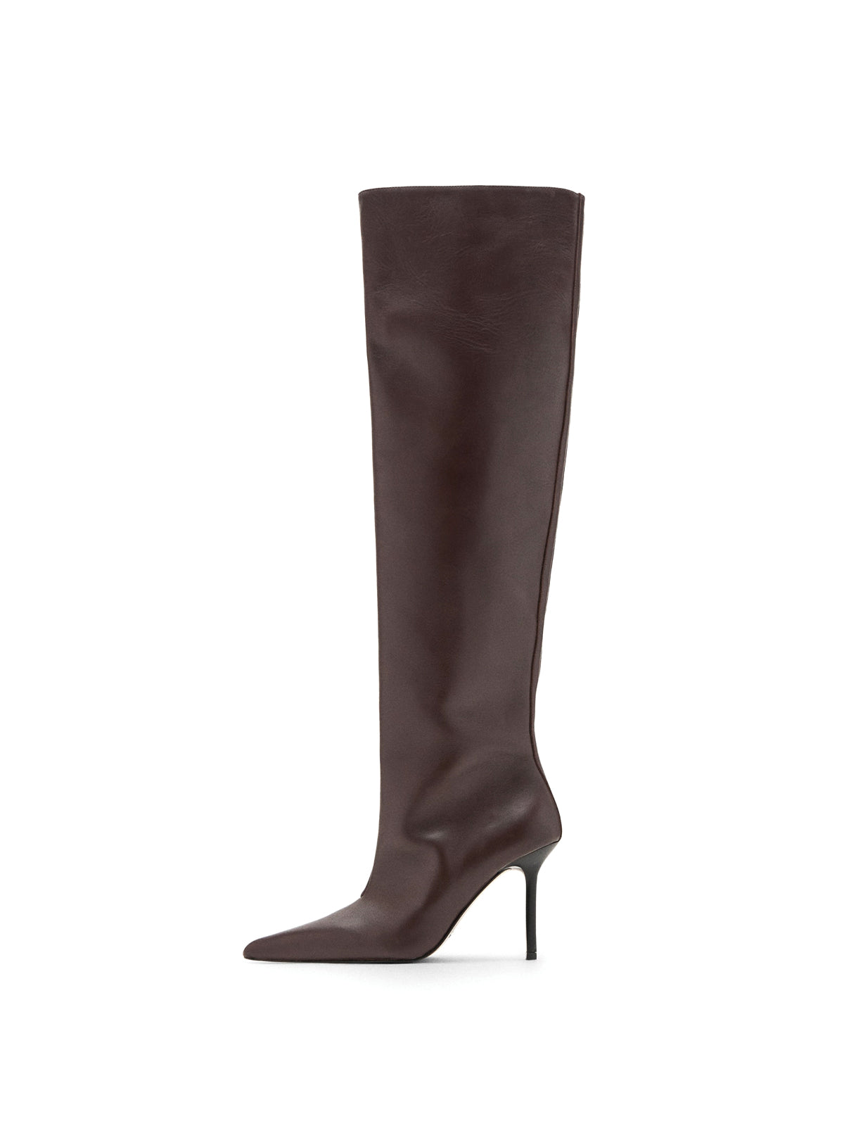 Burgundy Pointed-Toe Simple Half-Zip Over-The-Knee Stiletto Boots