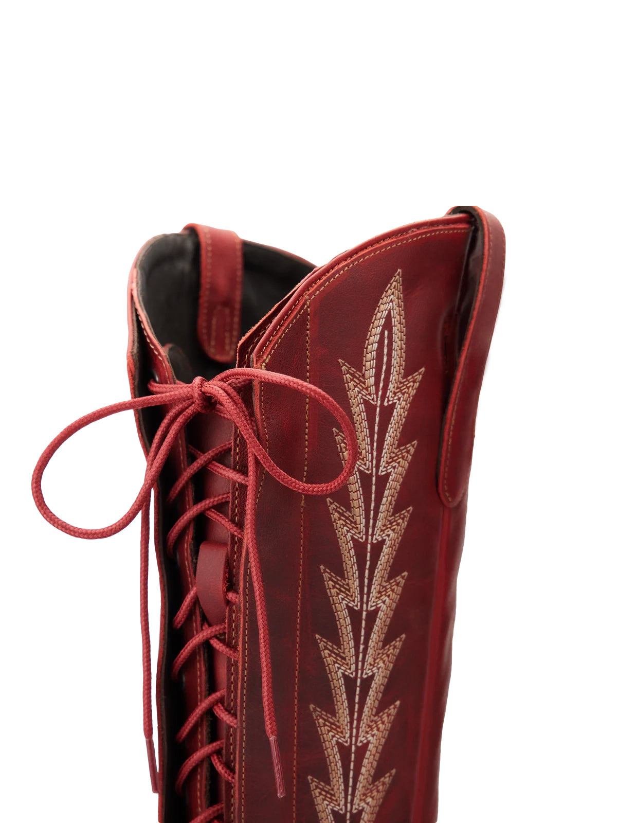 Snip-Toe Embroidery Half-Zip Back Lace-Up Knee High Cowgirl Boots - Ruby Red