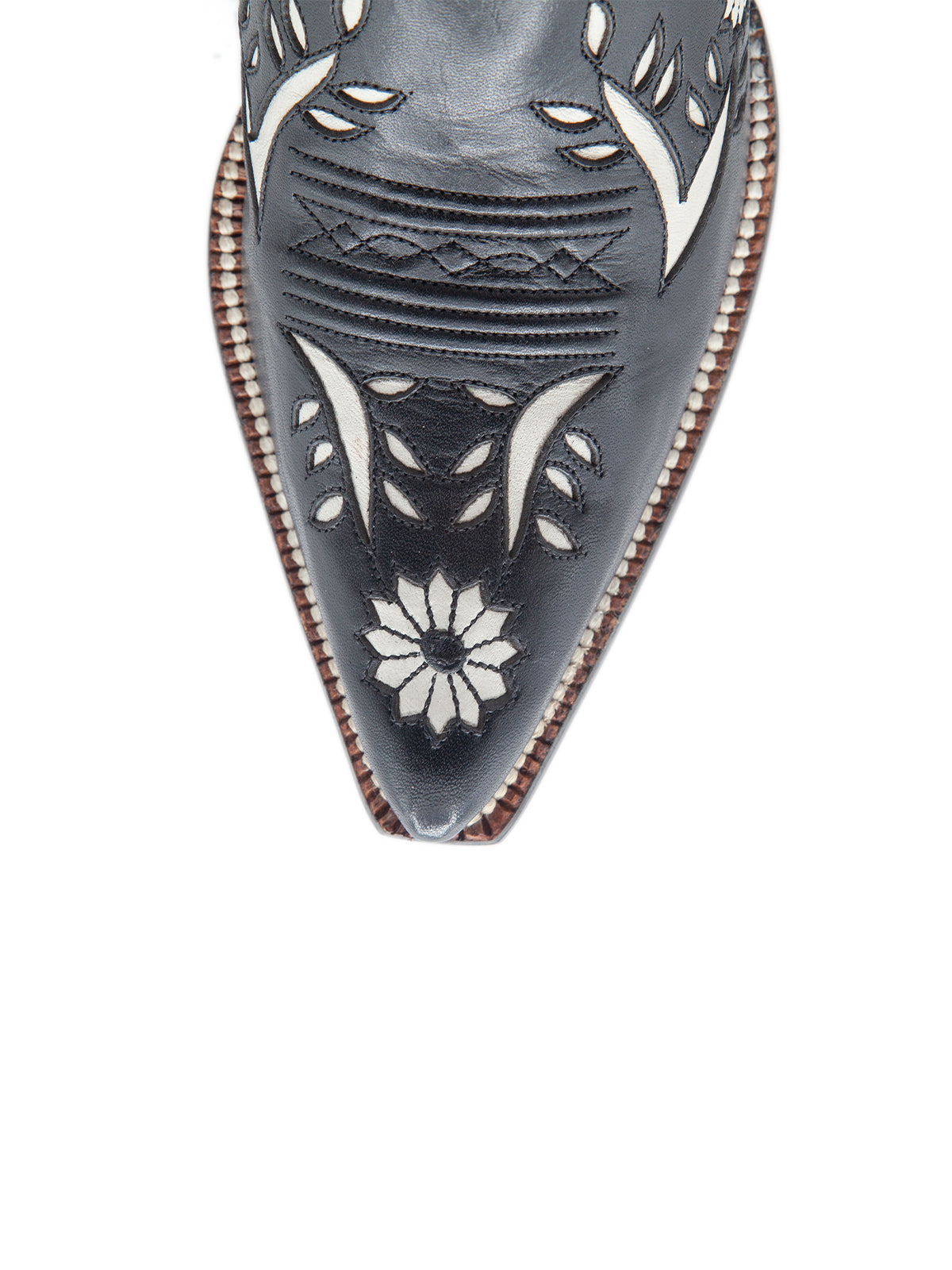 Black Pointed-Toe White Sunflower Inlay Wide Calf Knee High Cowgirl Boots