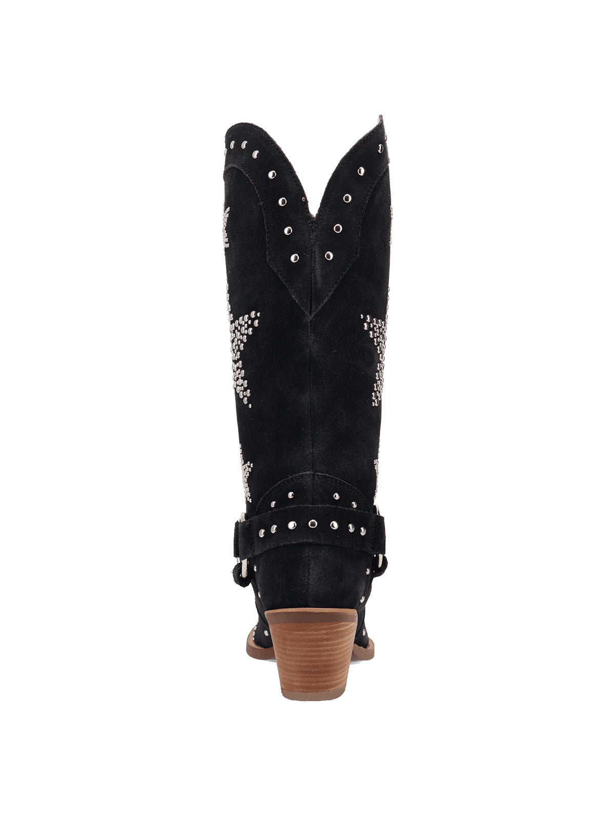 Black Faux Suede Snip-Toe Studded Stars Buckle Strap Mid Calf Cowgirl Boots