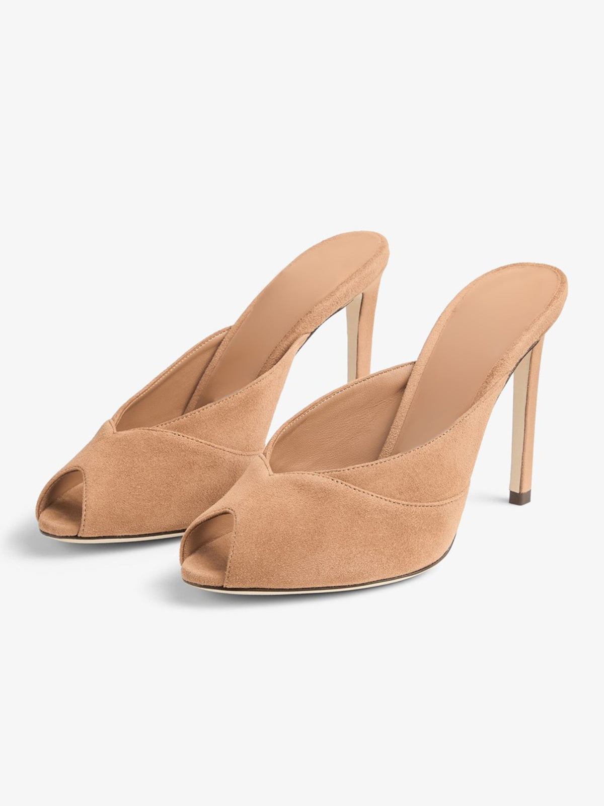 Sand Faux Suede Peep Round-Toe Slip-On Mules High Heels