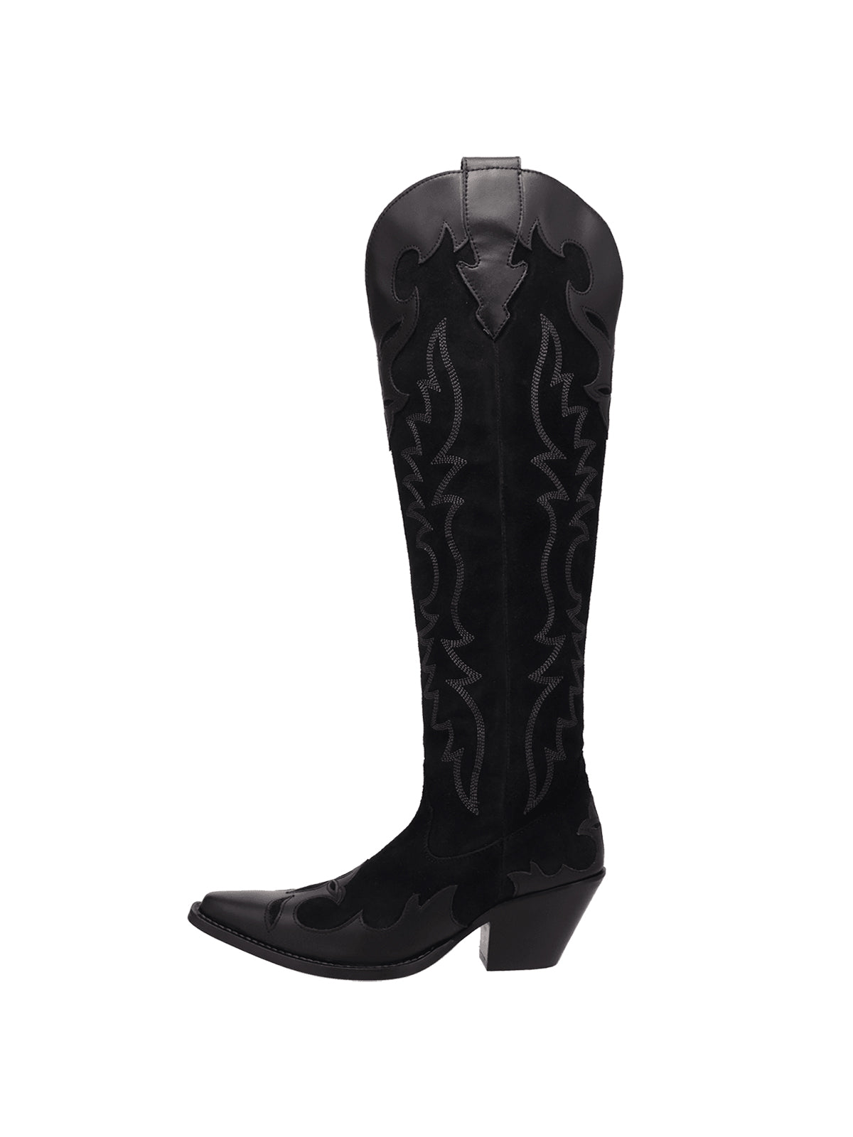 Black Faux Suede Snip-Toe Embroidery Vegan Leather Applique Wide Calf Knee High Cowgirl Boots