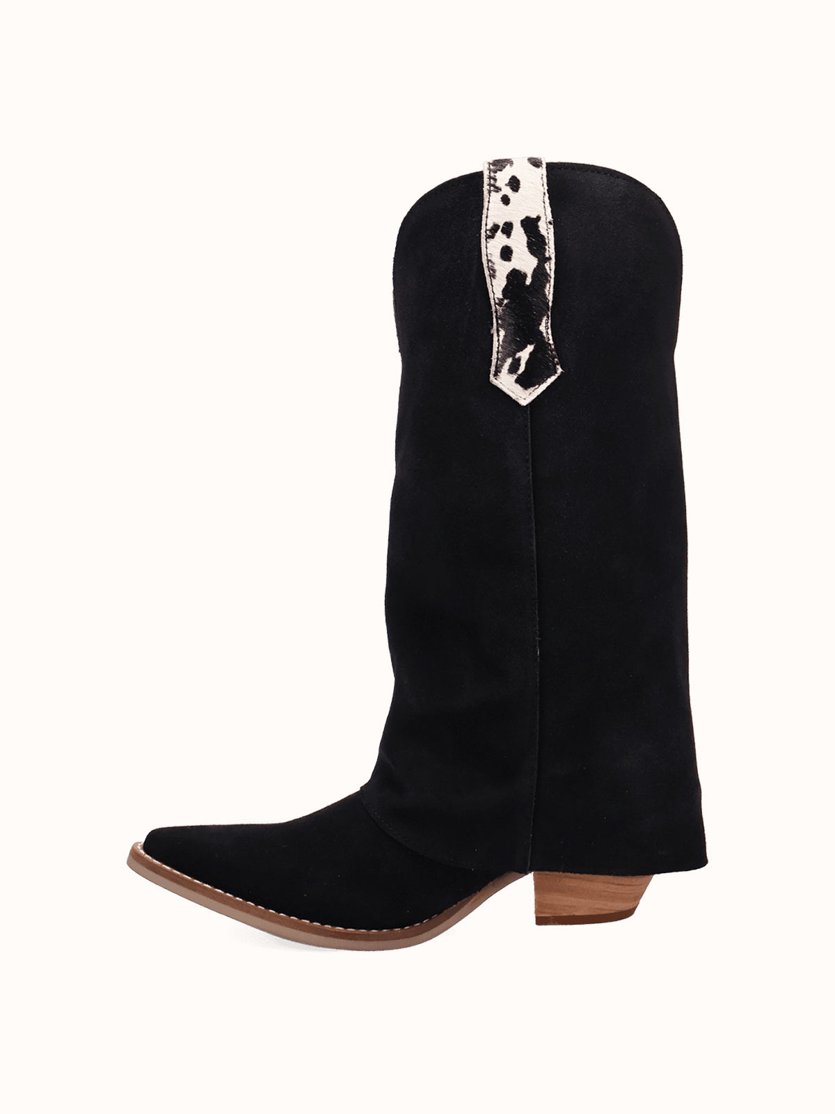 Black Faux Suede And Cow Pattern Snip-Toe Fold-Over Wide Calf Knee High Cowgirl Boots