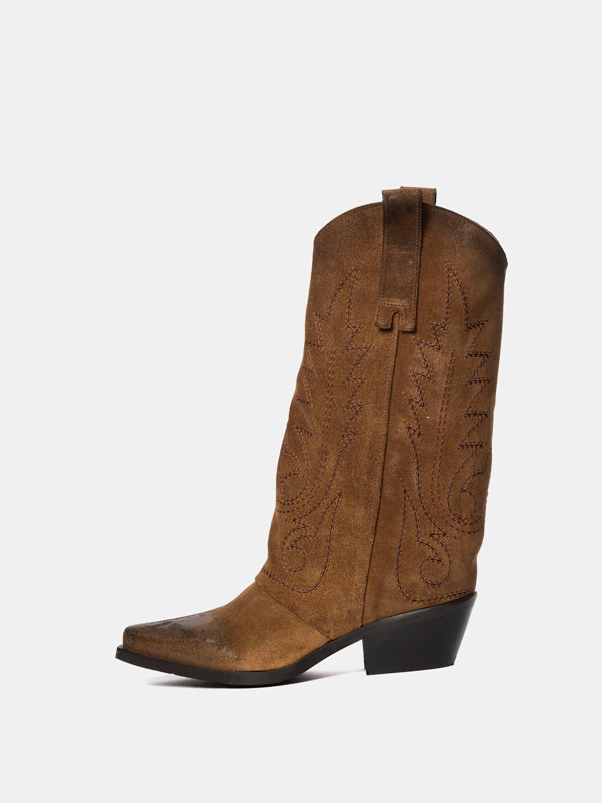 Taupe Snip-Toe Faux Suede Embroidery Classic Mid Calf Cowgirl Boots