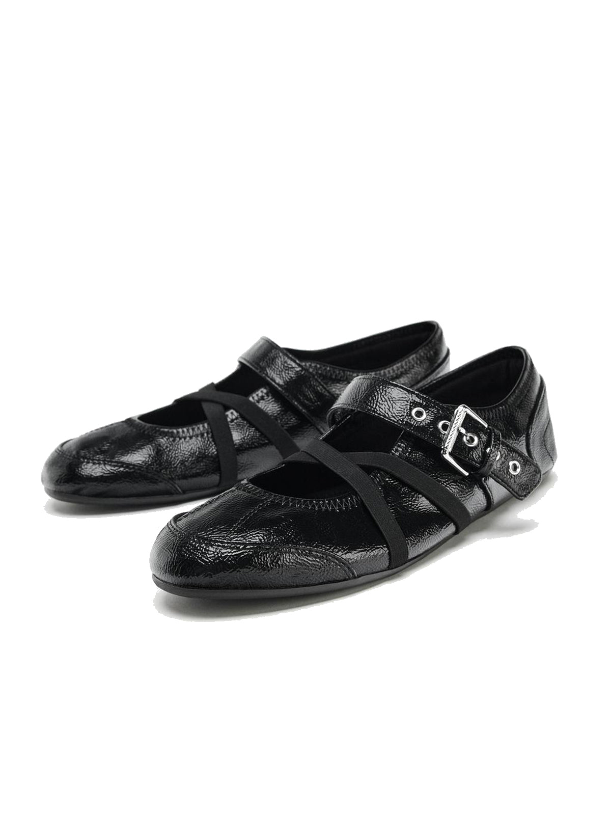 Patent Black Round-Toe Crossed Straps And Buckle Mary Jane Ballet Flats
