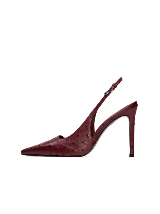 Ruby Red Ostrich Print Pointed-Toe Classic Slingback High Heels Pumps
