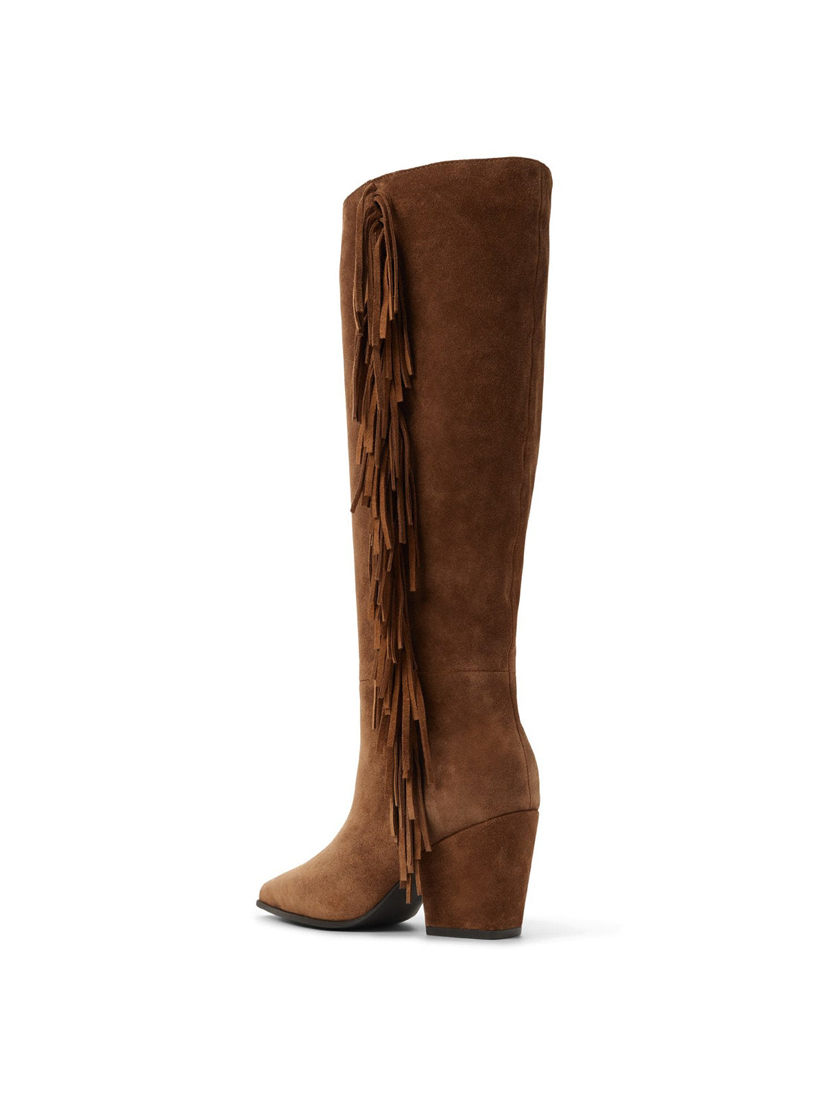 Brown Faux Suede Snip-Toe Side Fringe Half-Zip Simple Knee High Cowgirl Boots