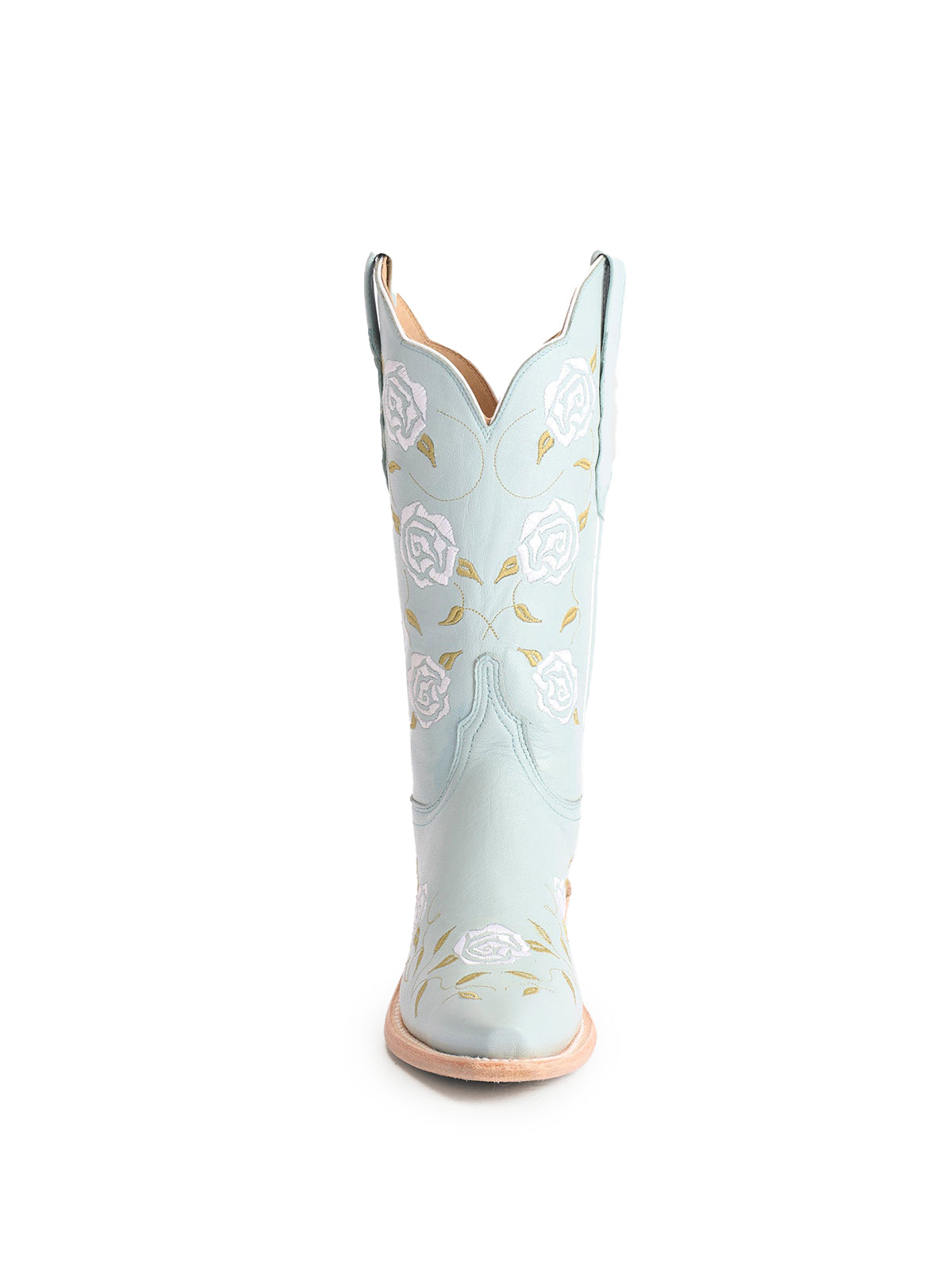 Powder Blue Snip-Toe Rose Embroidery Mid Calf Cowgirl Boots