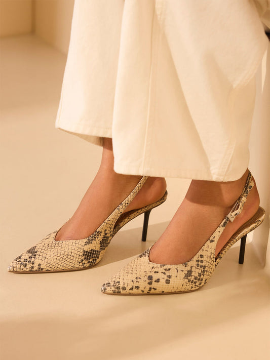 Snakeskin Pattern Pointed-Toe Chic Back Strap Kitten Heels