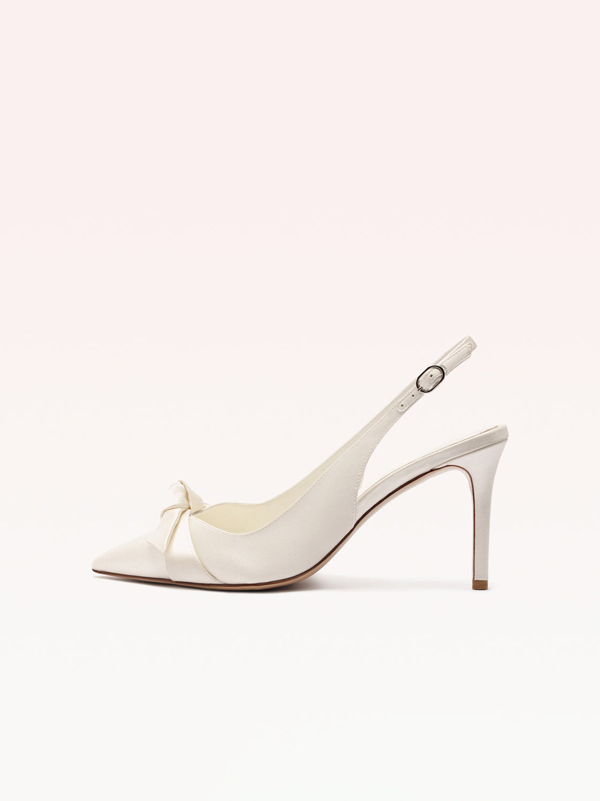 Ivory Satin Pointed-Toe Front Knot Buckle Slingback Kitten Heels