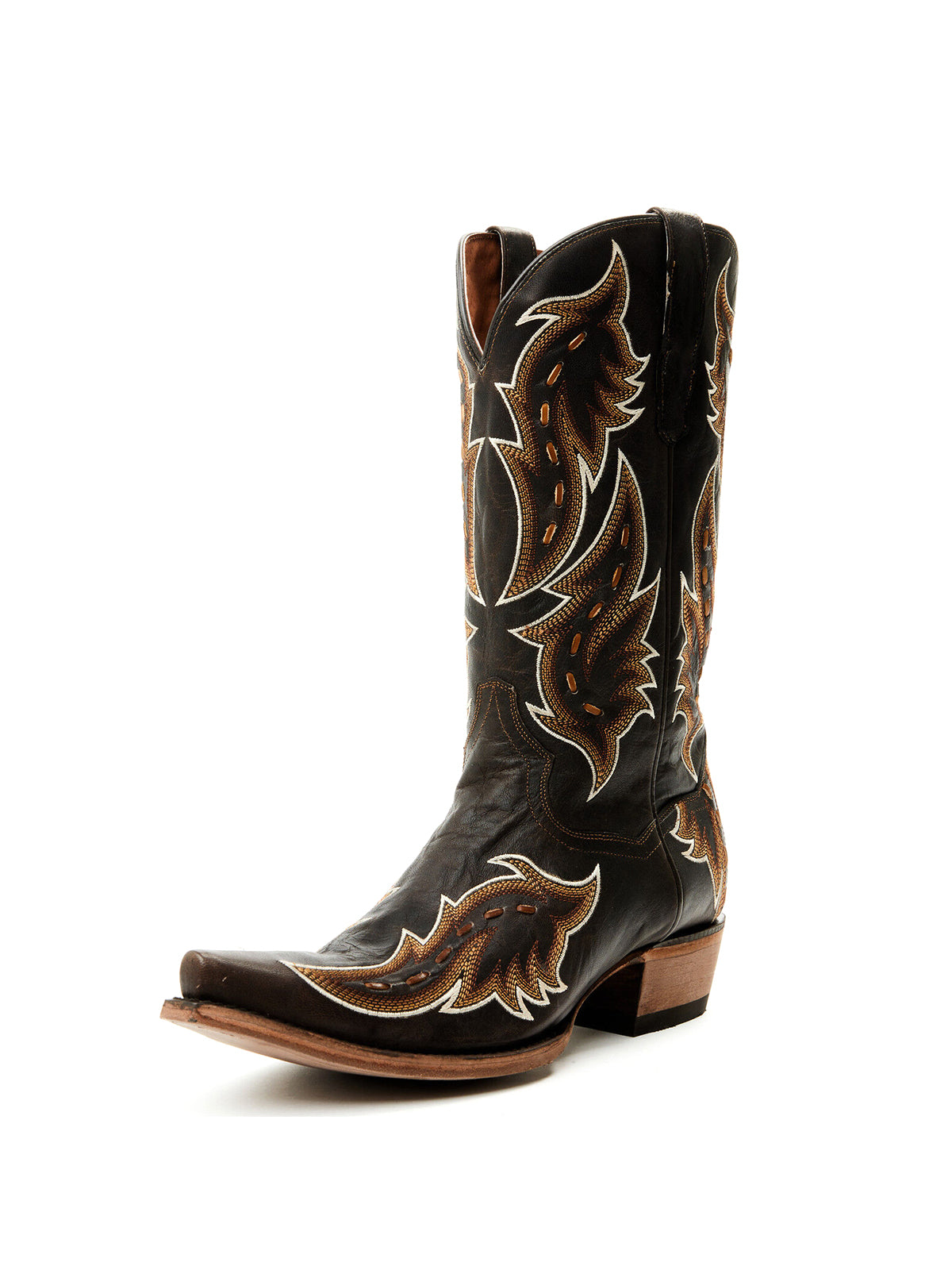 Black Snip-Toe Embroidery And Running Stitching Mid Calf Cowgirl Boots