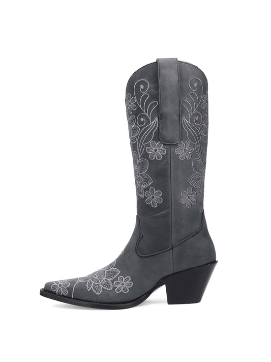 Dark Gray Snip-Toe Flourishing Flowers Embroidery Mid Calf Cowgirl Boots