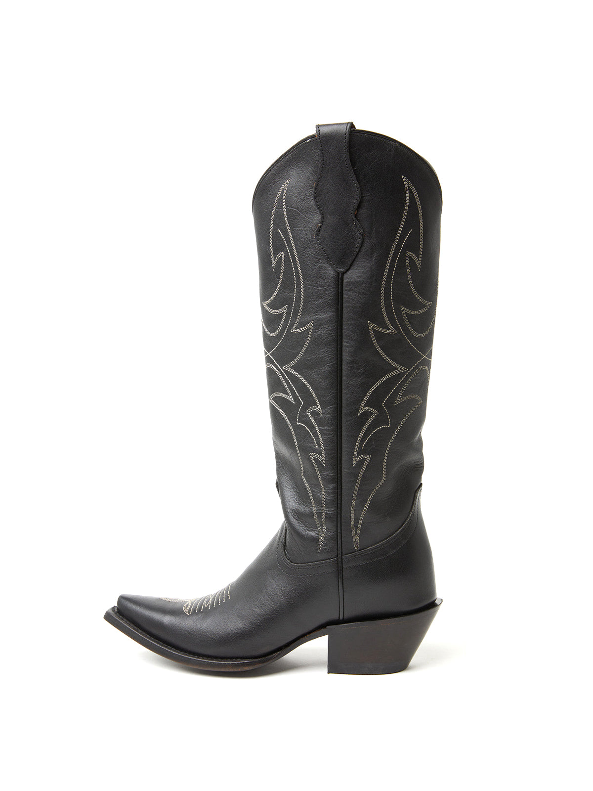 Black Snip-Toe Embroidery Classic Wide Calf Knee High Cowgirl Boots