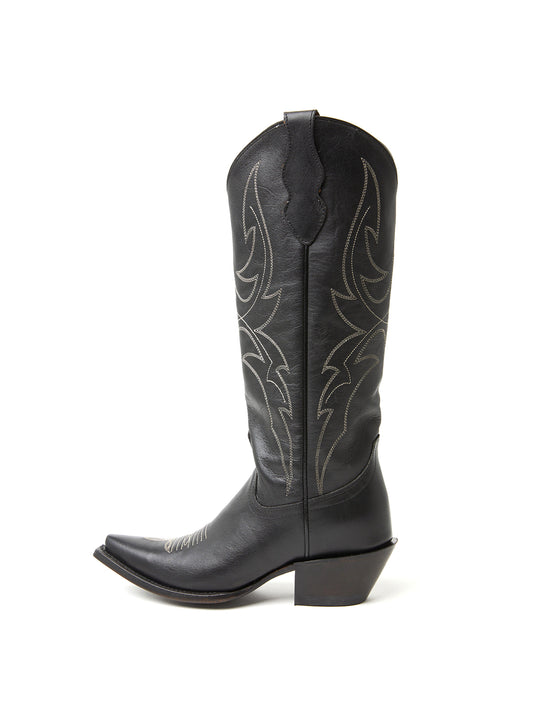 Black Snip-Toe Embroidery Classic Wide Calf Knee High Cowgirl Boots