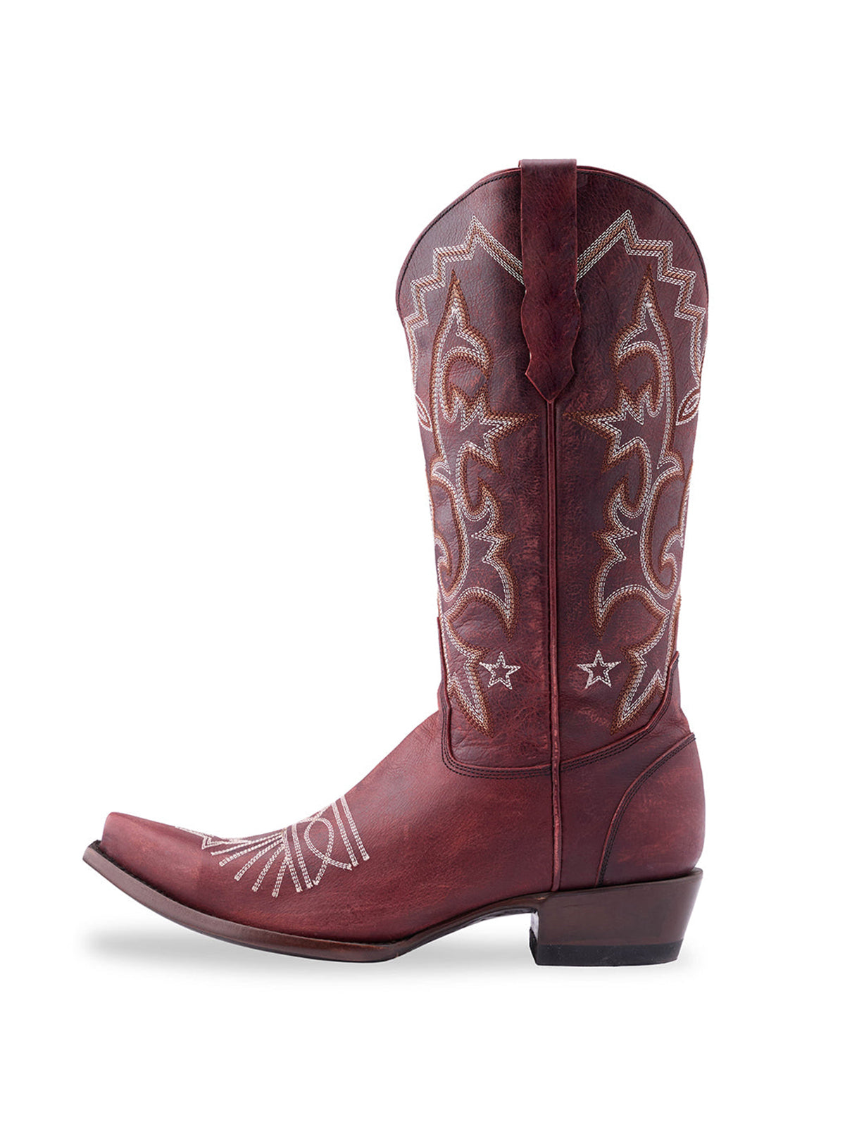 Red Snip-Toe Classic And Star Embroidery Half-Zip Mid Calf Cowgirl Boots