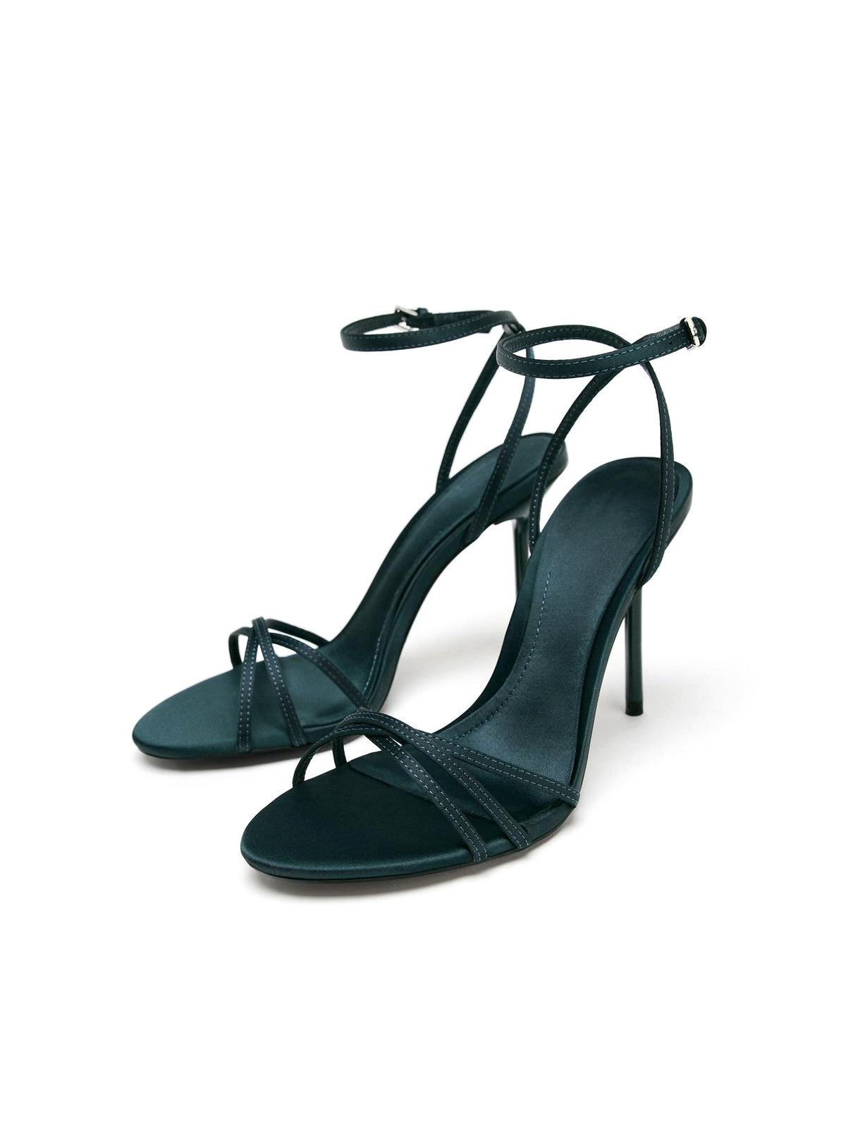 Dark Blue Satin Round-Toe Ankle Buckle Strap High Heels