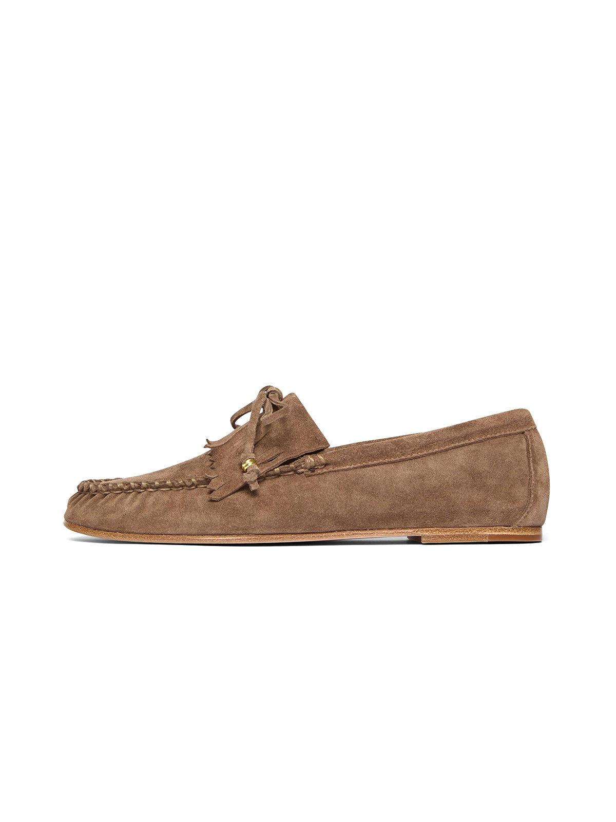 Brown Cow Suede Round-Toe Front Fringe And Bow Loafers Flats