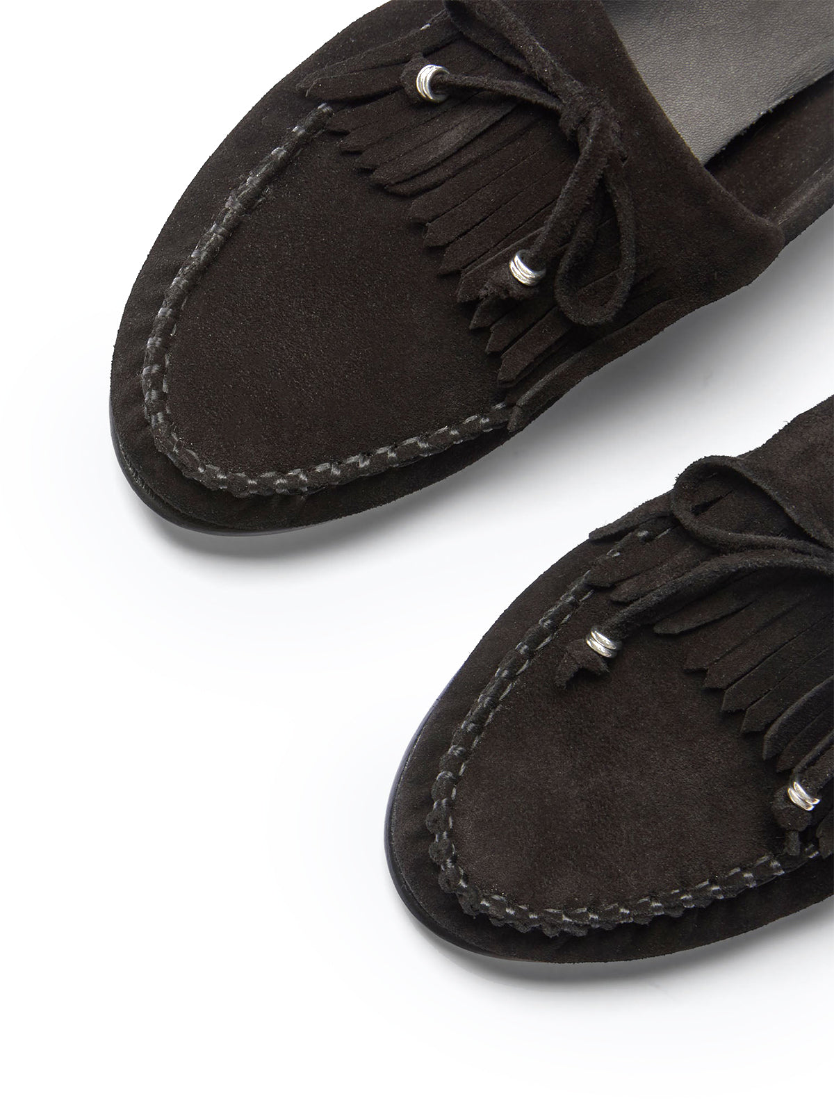 Black Cow Suede Round-Toe Front Bow And Fringe Flats
