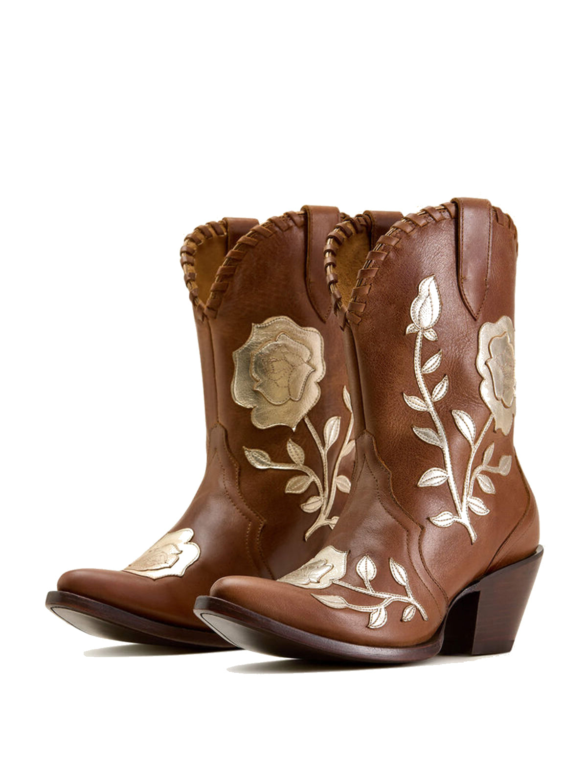 Tan Almond-Toe Big Metallic Rose Applique Ankle Cowgirl Boots