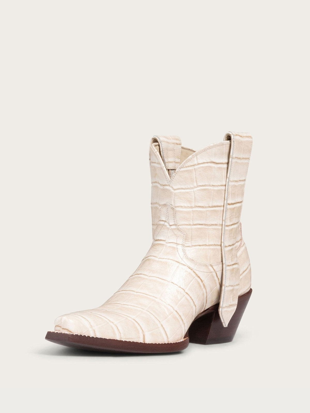 Bone Crocodile Pattern Snip-Toe Elongated Mule Ear Pull Ankle Cowgirl Boots