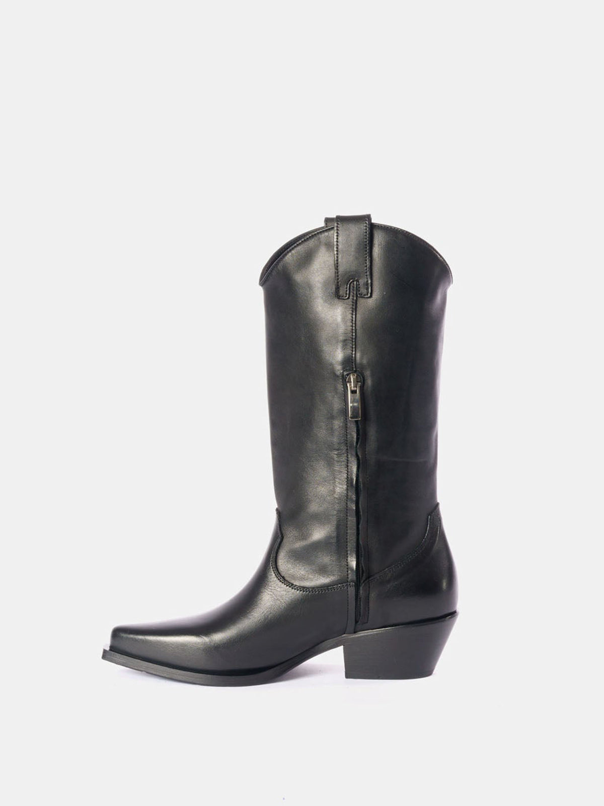 Black Classic Snip-Toe Simple Half-Zip Mid Calf Cowgirl Boots