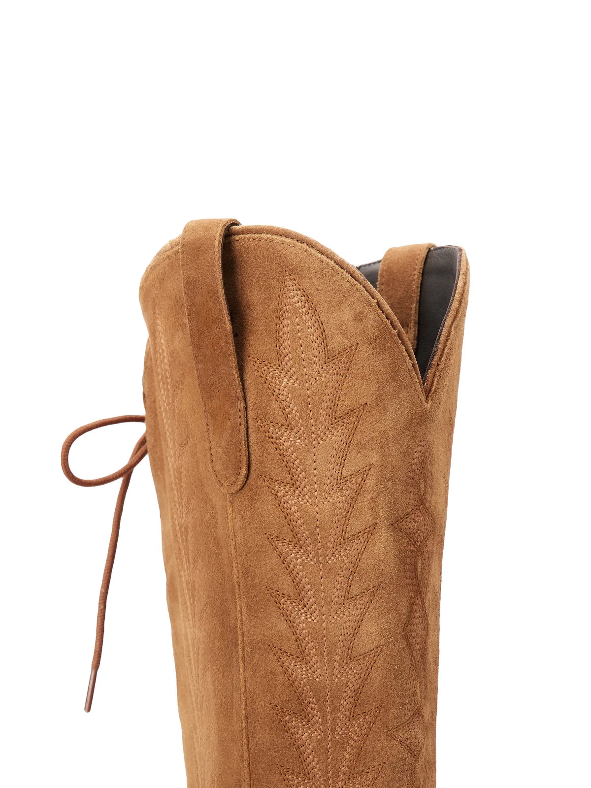 Snip-Toe Embroidery Half-Zip Back Lace-Up Knee High Cowgirl Boots - Toffee Faux Suede