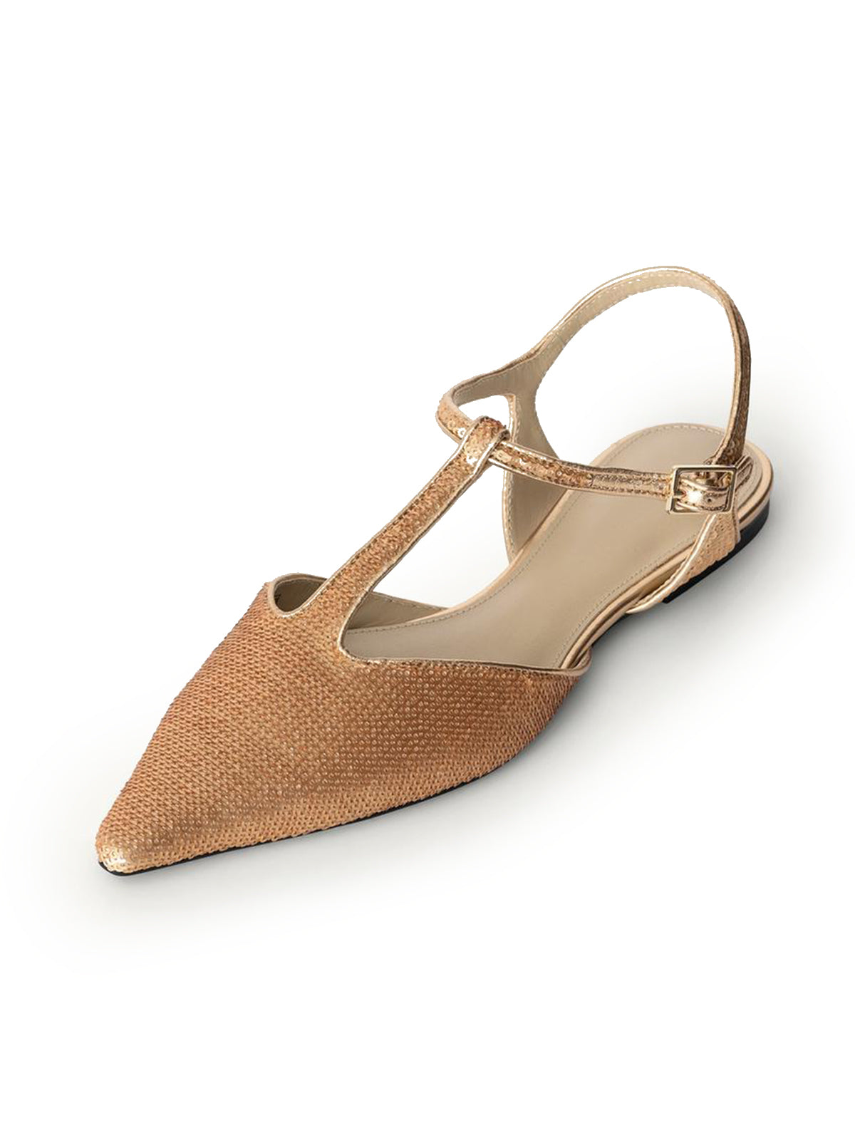 Metallic Gold Pointed-Toe Full Sequins And Ankle Strap Flats