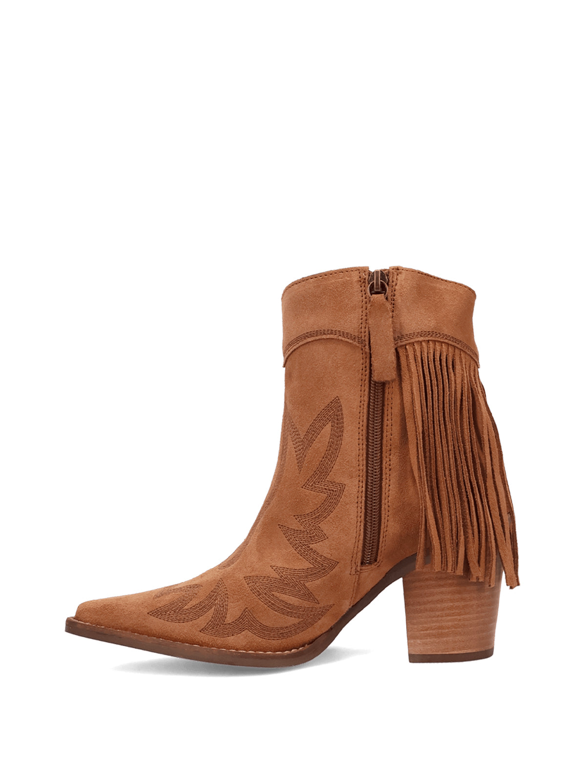 Brown Faux Suede Snip-Toe Back Fringe Full-Zip Ankle Cowgirl Boots