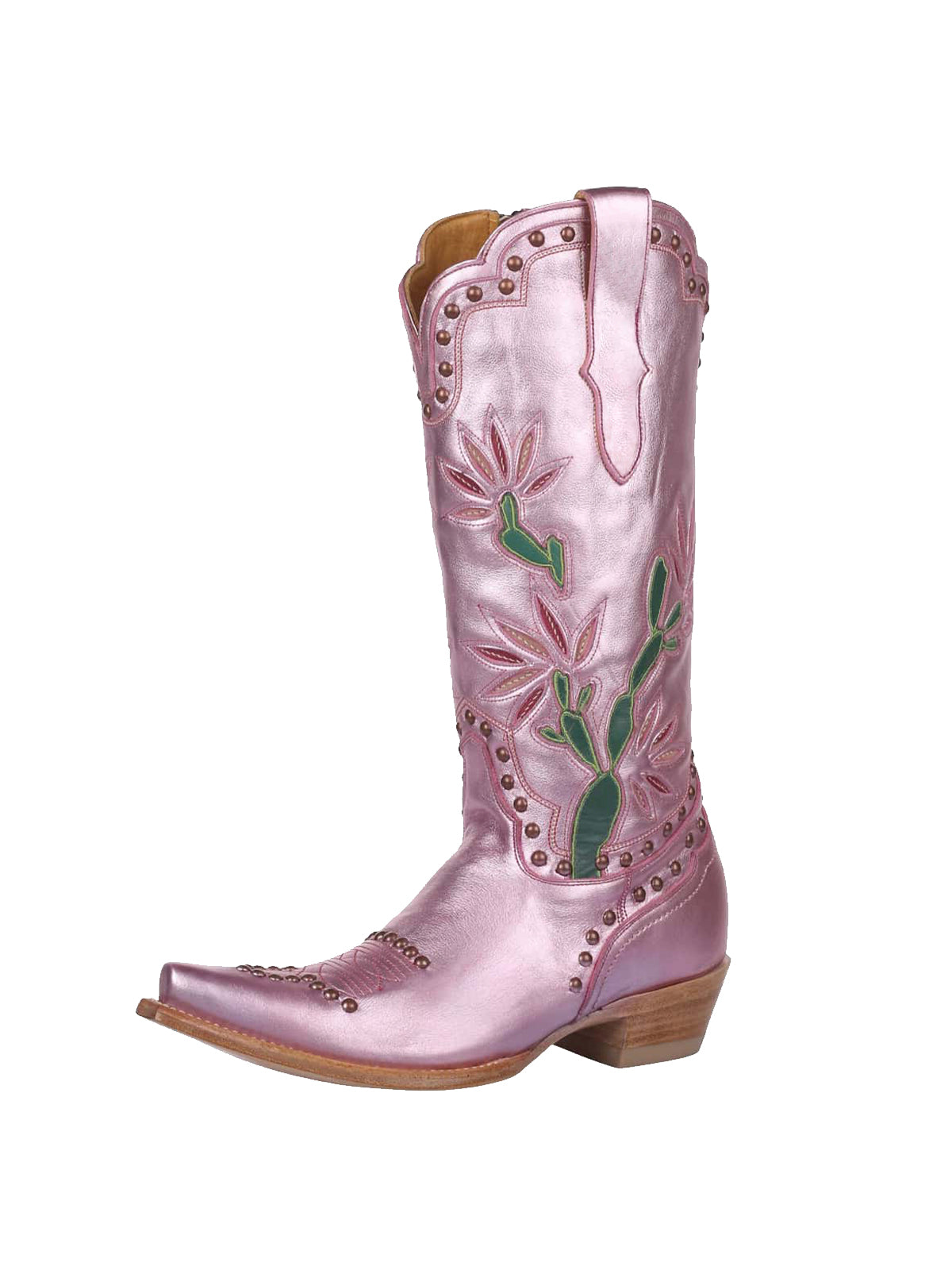 Metallic Pink Snip-Toe Cactus Inlay Studded Full-Zip Knee High Cowgirl Boots