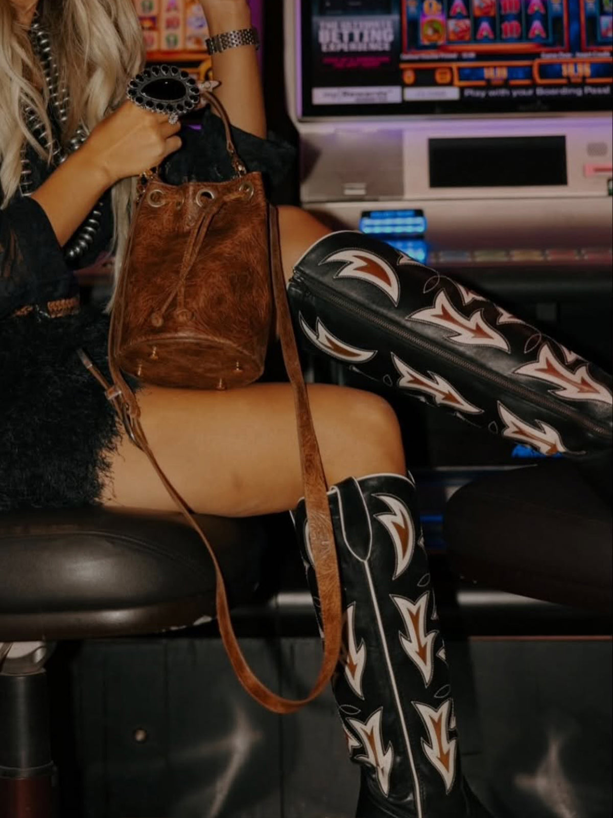 Black Snip-Toe Flame Inlay Full-Zip Knee High Cowgirl Boots