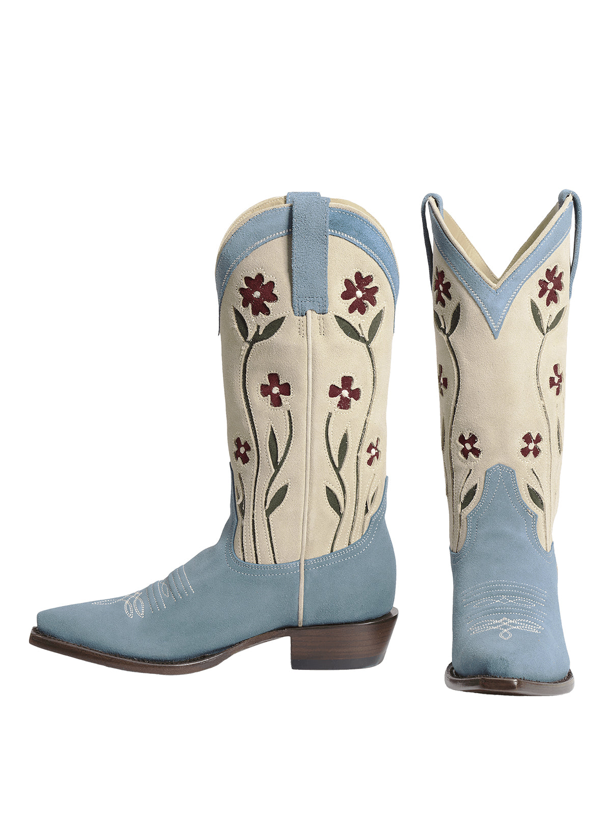 Contrast Bone And Blue Faux Suede Snip-Toe Floral Inlays And Stitch Mid Calf Cowgirl Boots