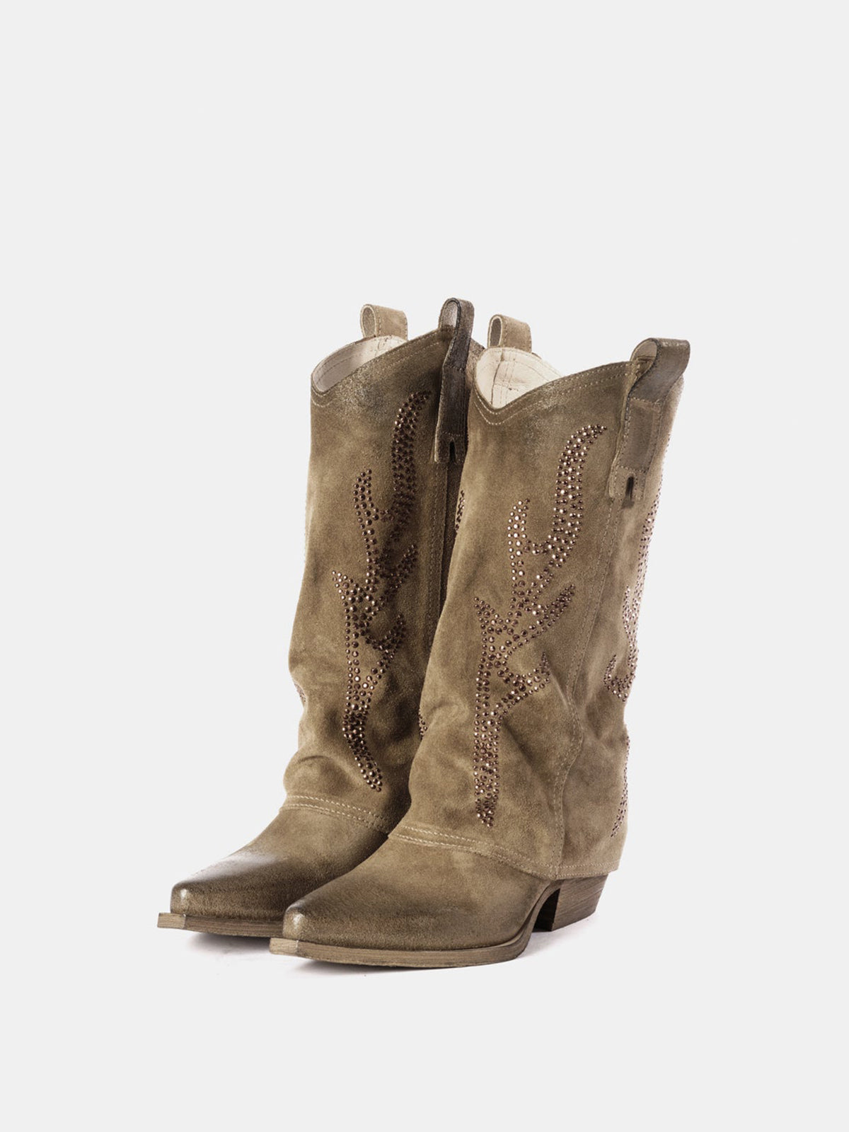 Dark Gray Faux Suede Snip-Toe Studded Fold-Over Mid Calf Cowgirl Boots