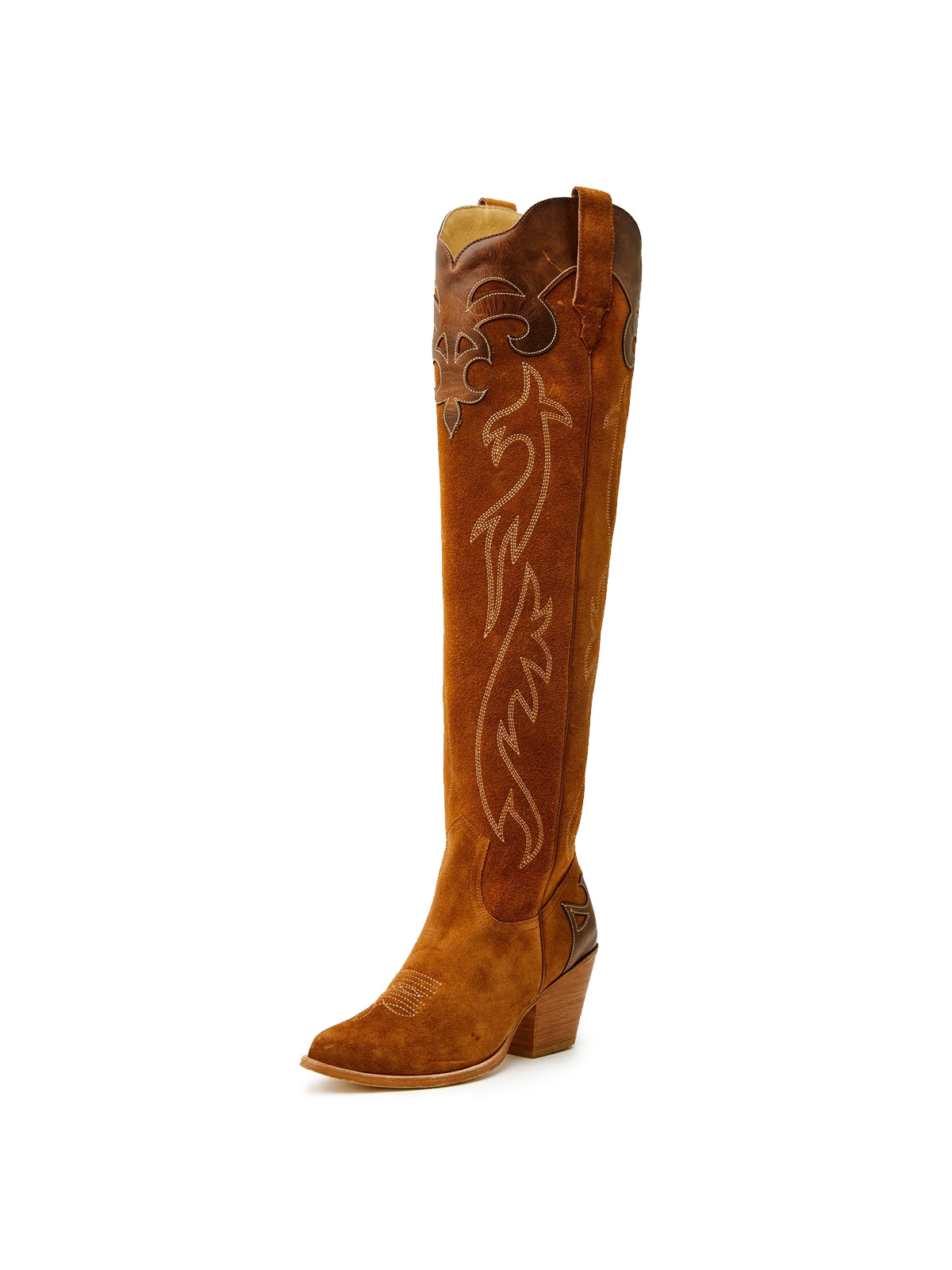 Brown Faux Suede Almond-Toe Embroidery Applique Half-Zip Knee High Cowgirl Boots