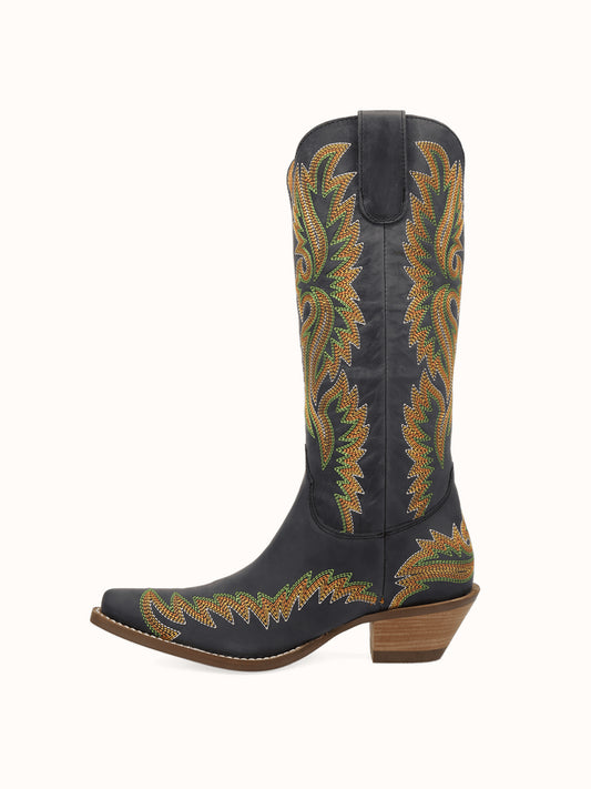 Black Snip-Toe Chic Flame Embroidery Sleek Mid Calf Cowgirl Boots
