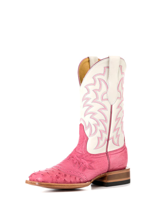 Contrast White And Pink Ostrich Print Square-Toe Embroidery Mid Calf Cowgirl Boots