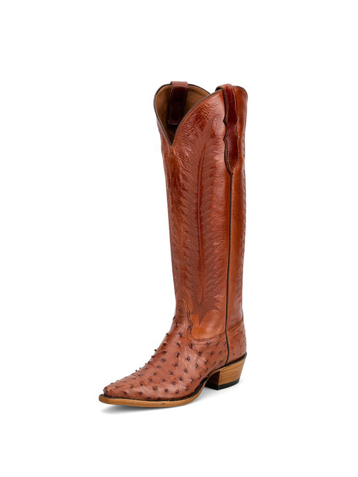 Cognac Ostrich Print Snip-Toe Western Stitch Knee High Cowgirl Boots