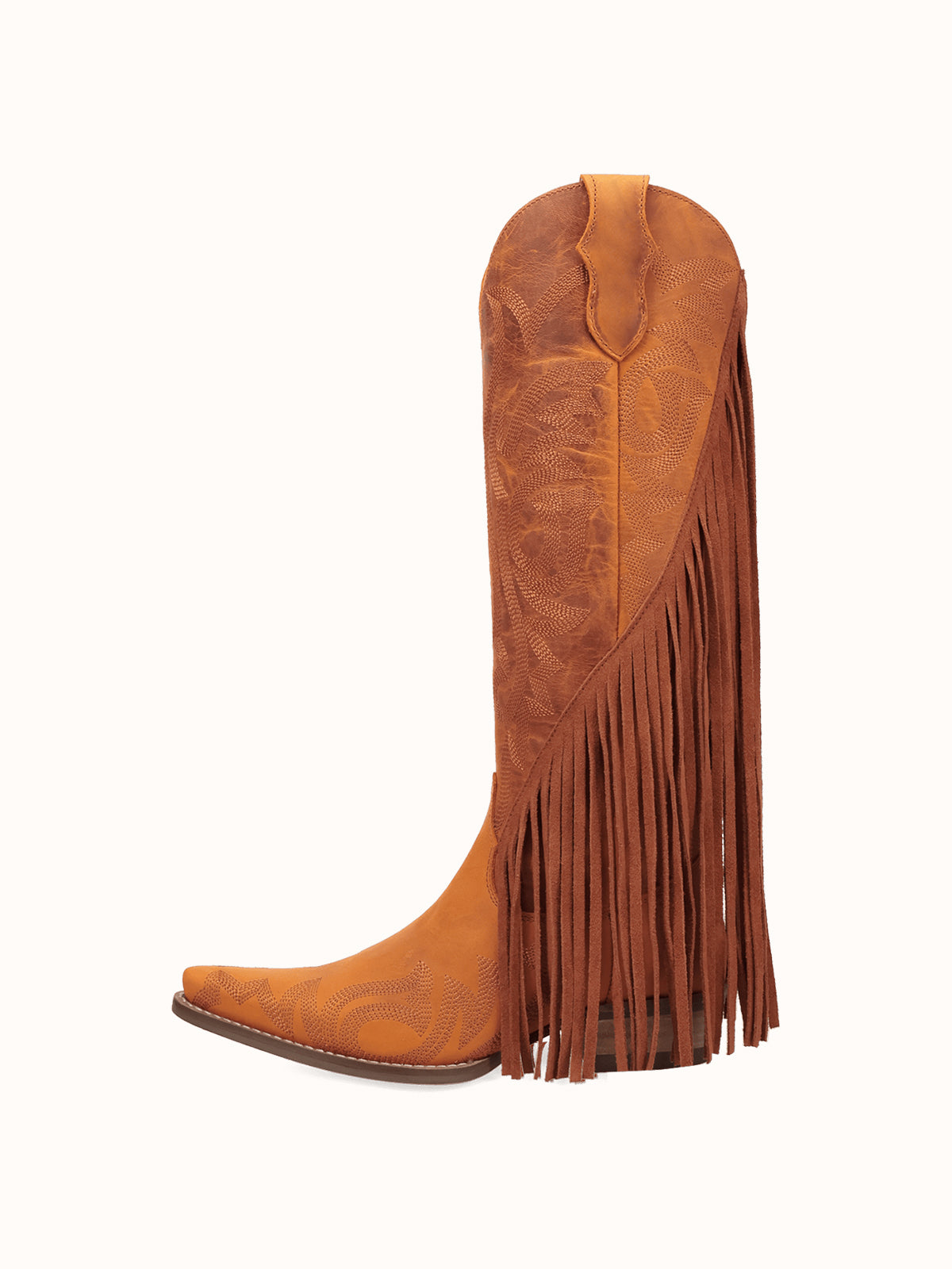Rust Snip-Toe Faux Suede Side Fringe Embroidery Wide Calf Knee High Cowgirl Boots