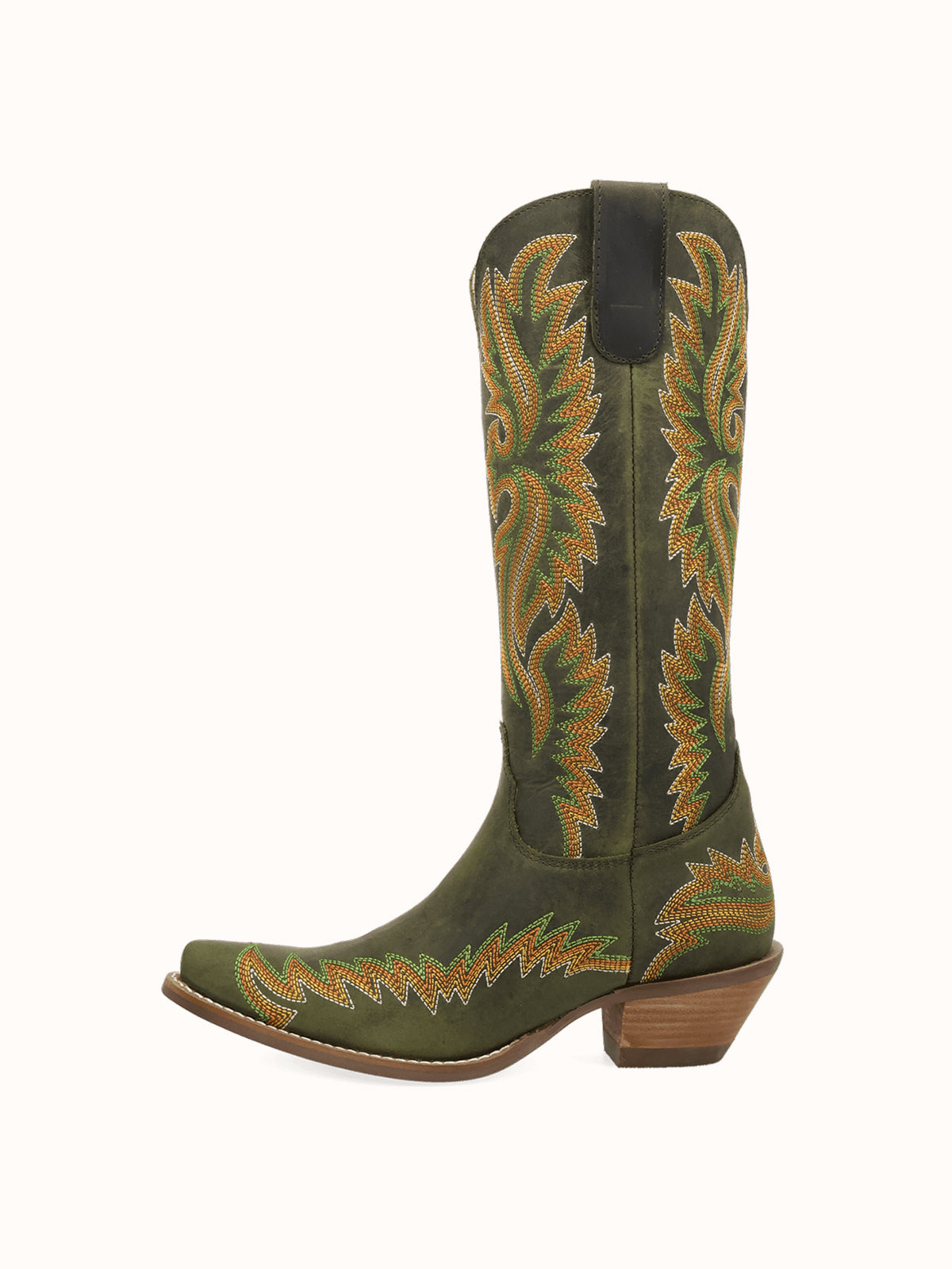 Olive Green Snip-Toe Chic Flame Embroidery Sleek Mid Calf Cowgirl Boots
