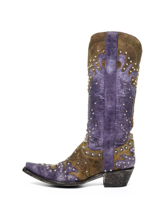 Contrast Purple And Green Snip-Toe Studs And Embroidery Mid Calf Cowgirl Boots