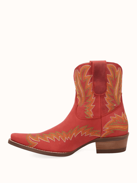 Red Snip-Toe Chic Flame Embroidery Sleek Ankle Cowgirl Boots