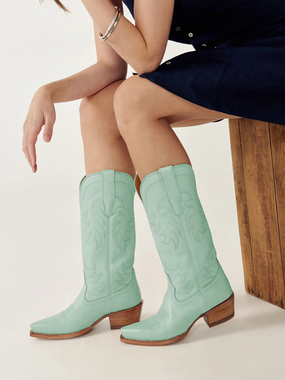 Mint Green Snip-Toe Embroidery Wide Calf Knee High Cowgirl Boots