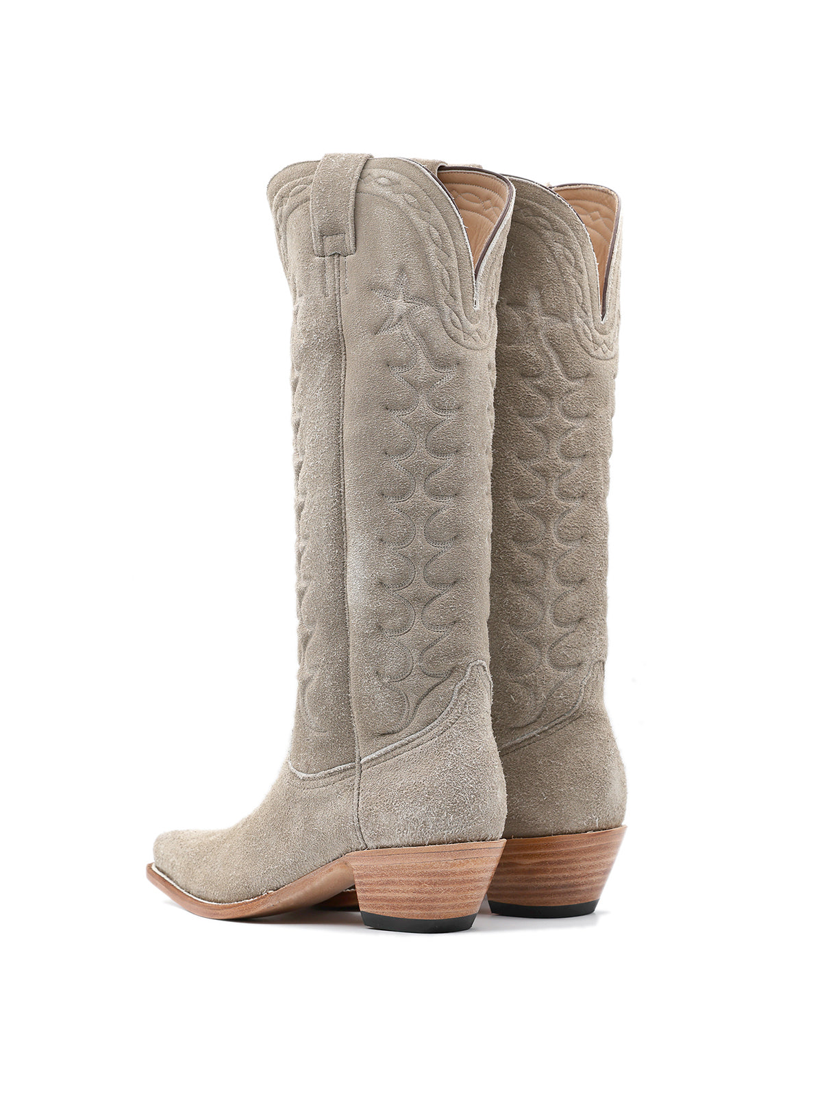 Gray Faux Suede Padded Embroidery Pointed-Toe Wide Mid Calf Tall Cowgirl Boots