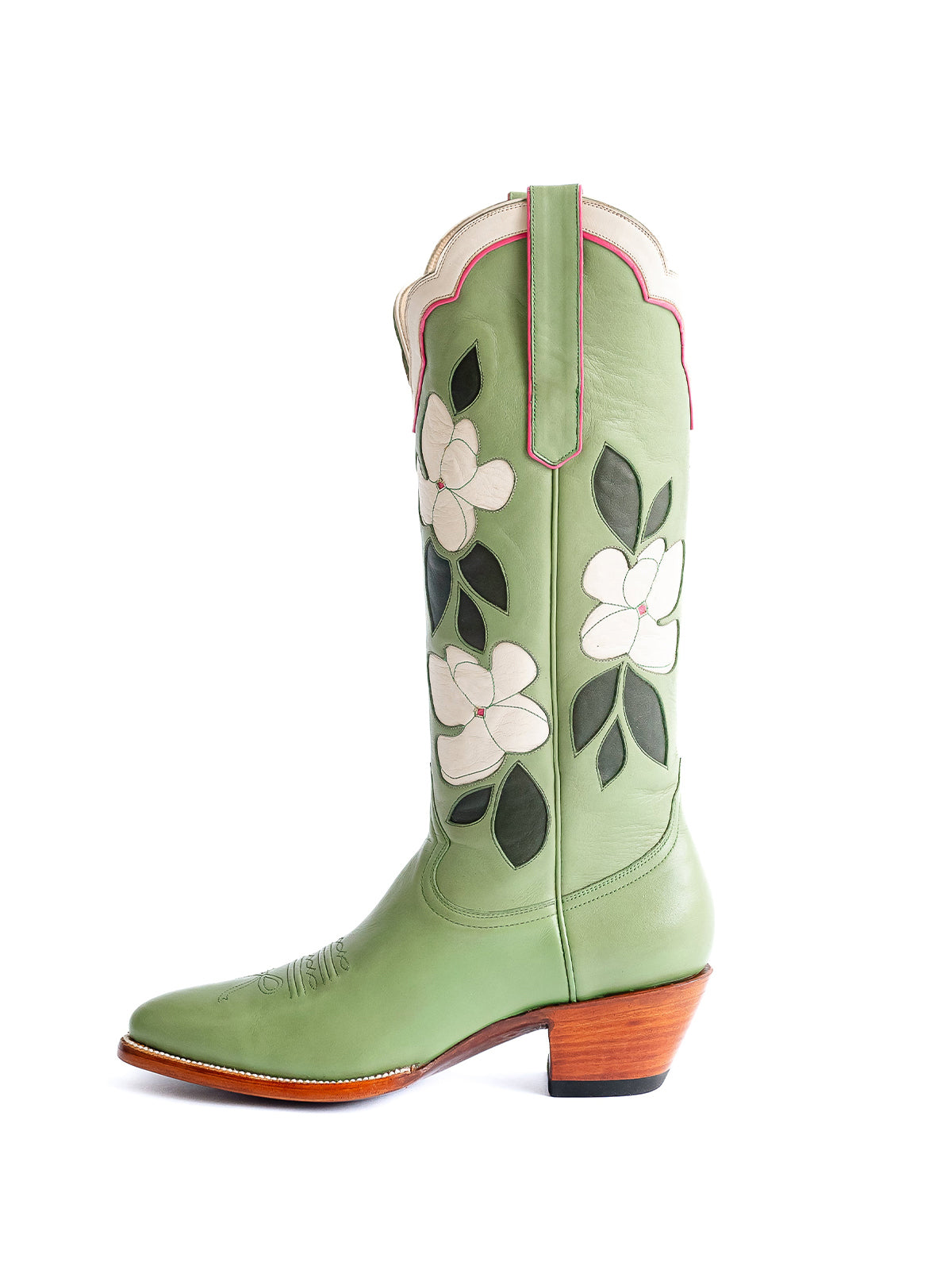 Green Almond-Toe White Flower Inlay Wide Calf Knee High Cowgirl Boots