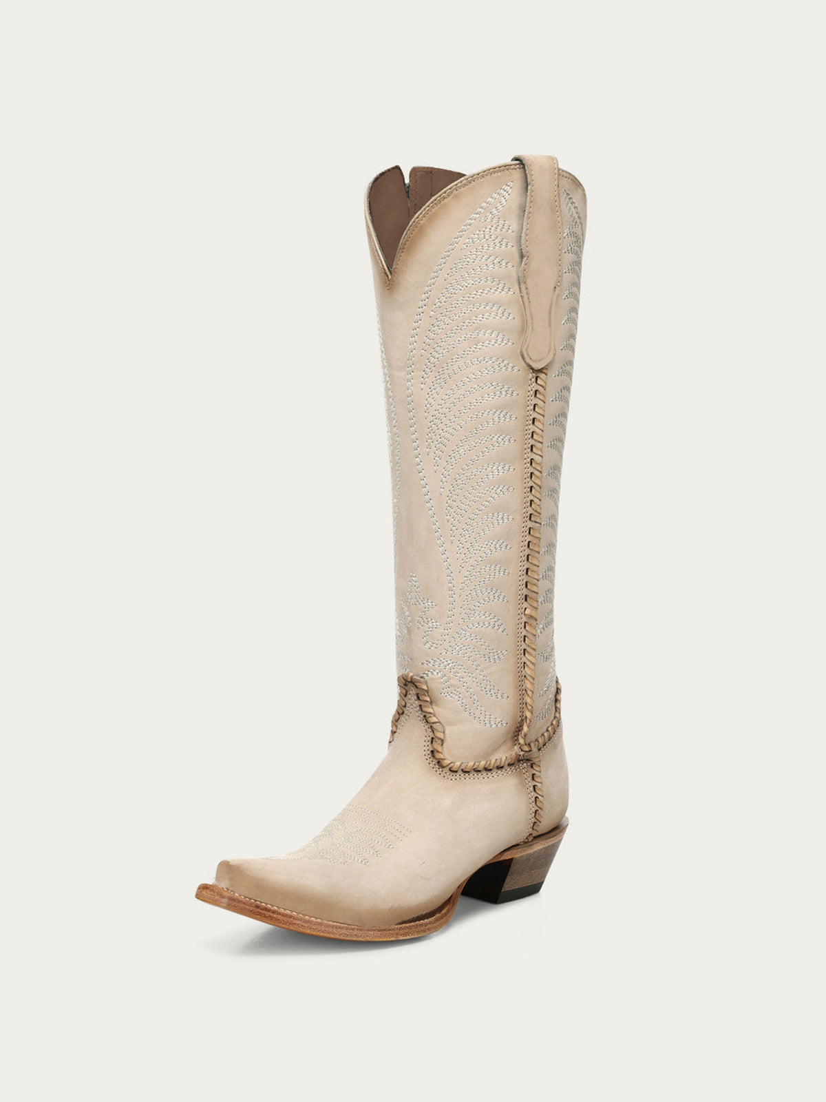 Chic Wings Embroidery Snip-Toe Full-Zip Knee High Cowgirl Boots - Bone