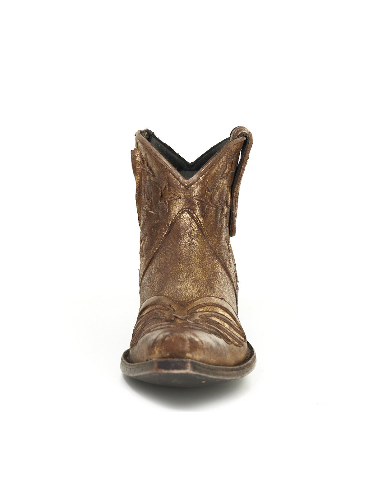 Metallic Bronze Snip-Toe Stars Inlay Full-Zip Ankle Cowgirl Boots
