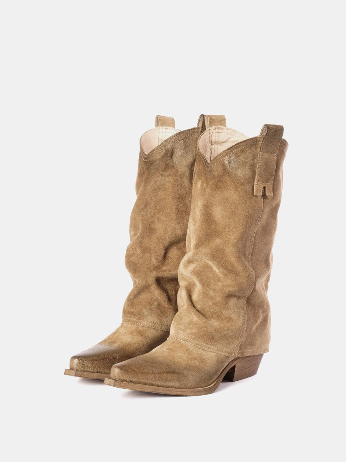 Tan Faux Suede Snip-Toe Mid Calf Fold-Over Cowgirl Boots